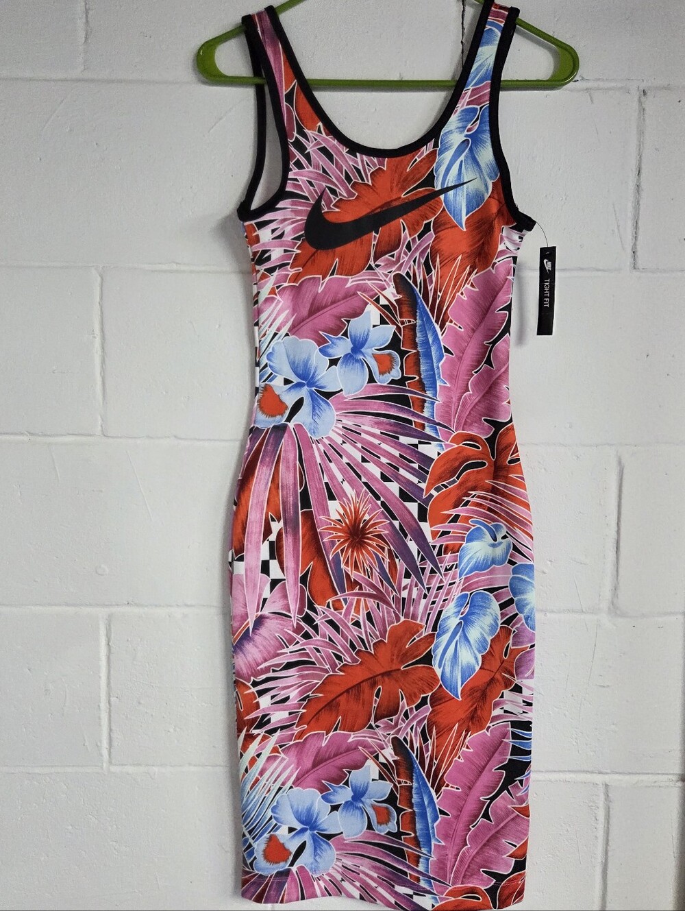 Nike Pink Tropical Floral Midi Tank Dress with Blue Accents